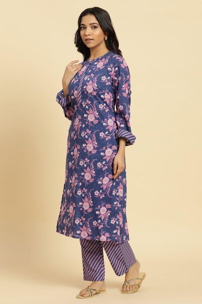 W for Woman Navy Blue Floral Printed Kurta And Stripe Pants Set