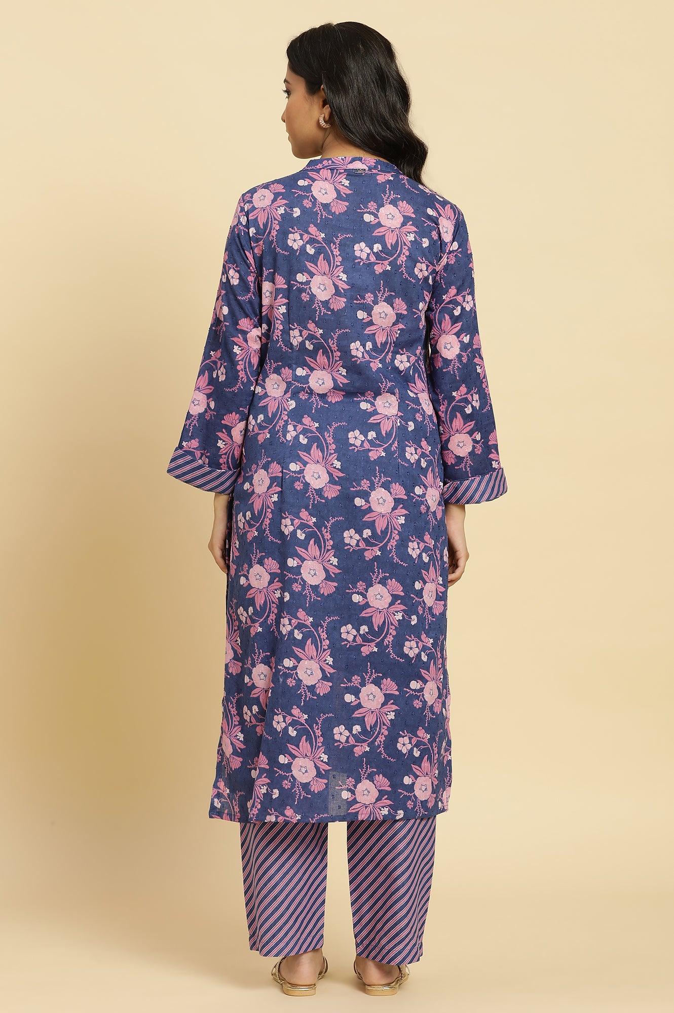 W for Woman Navy Blue Floral Printed Kurta And Stripe Pants Set