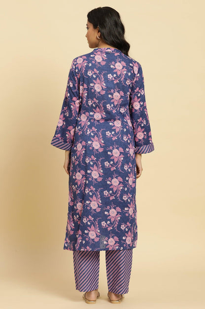 W for Woman Navy Blue Floral Printed Kurta And Stripe Pants Set