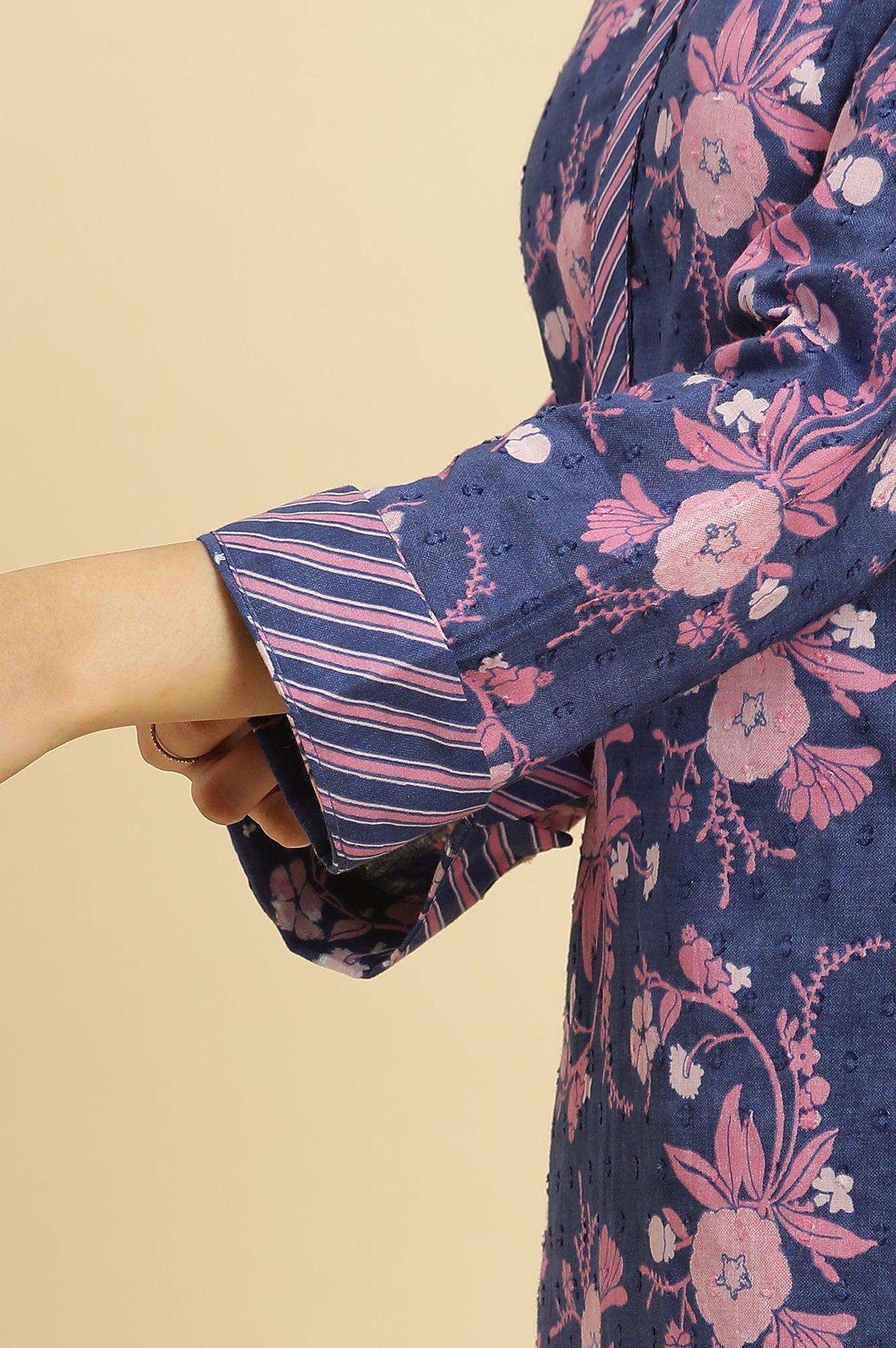 W for Woman Navy Blue Floral Printed Kurta And Stripe Pants Set