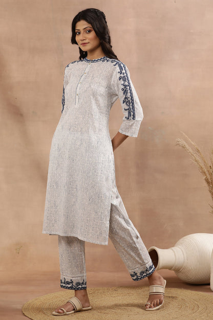 W for Woman White And Blue Cotton Printed Kurta With Embroidery And Pants Set