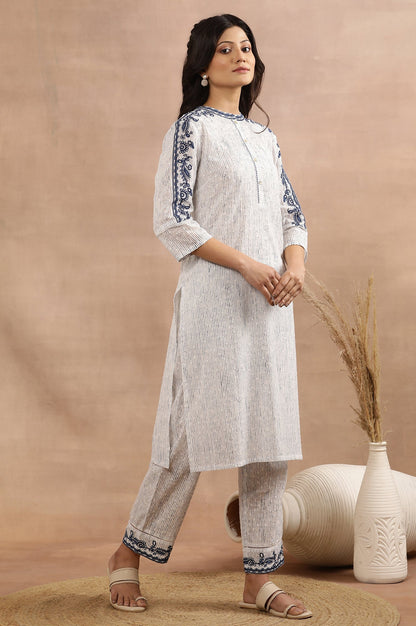 W for Woman White And Blue Cotton Printed Kurta With Embroidery And Pants Set