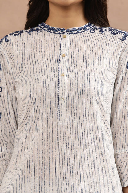 W for Woman White And Blue Cotton Printed Kurta With Embroidery And Pants Set