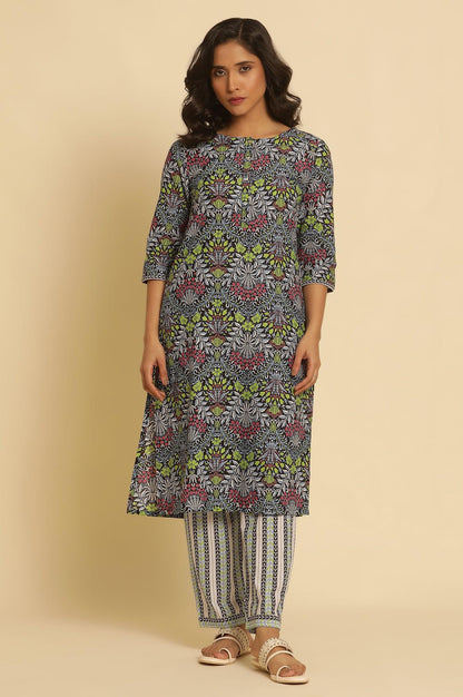 W for Woman Black Floral Printed Straight Kurta And Pants Set