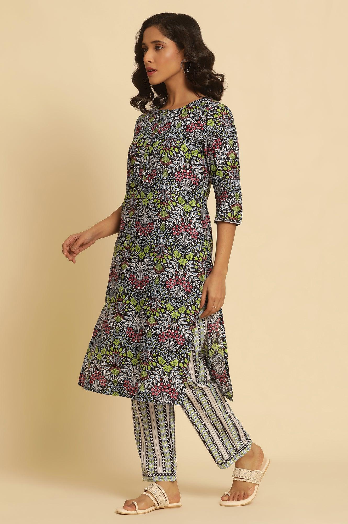W for Woman Black Floral Printed Straight Kurta And Pants Set