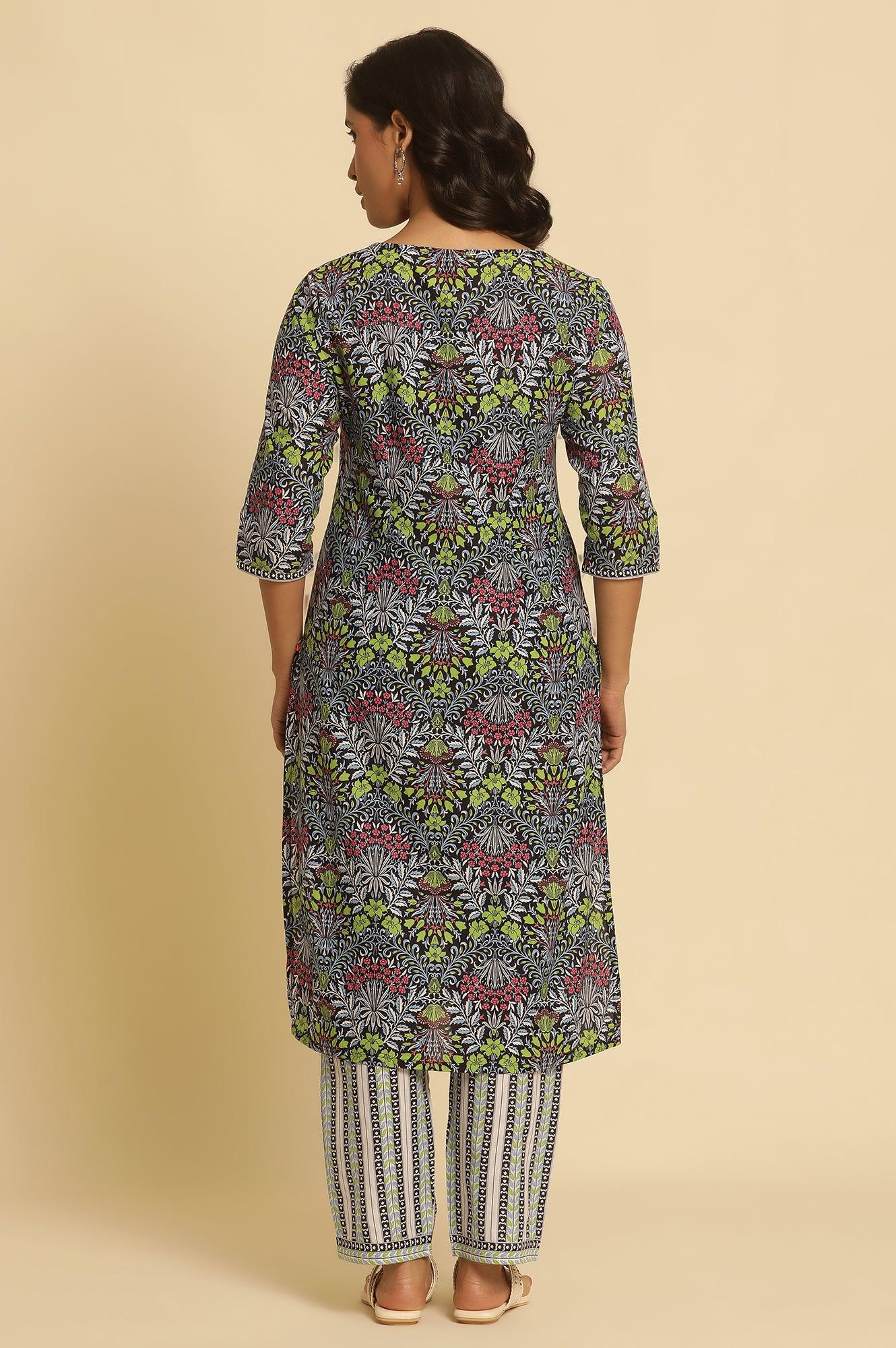W for Woman Black Floral Printed Straight Kurta And Pants Set
