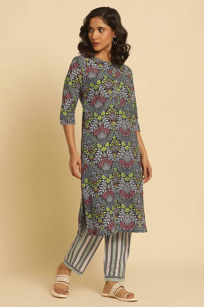 W for Woman Black Floral Printed Straight Kurta And Pants Set