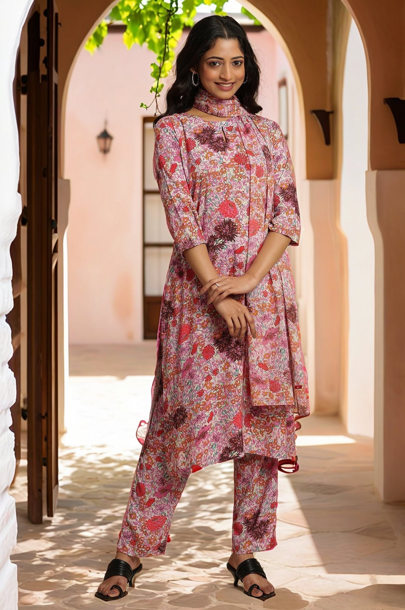 W for Woman Pink Floral Printed Rayon Kurta, Pants And Dupatta Set