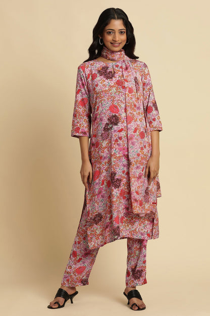 W for Woman Pink Floral Printed Rayon Kurta, Pants And Dupatta Set
