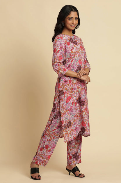W for Woman Pink Floral Printed Rayon Kurta, Pants And Dupatta Set