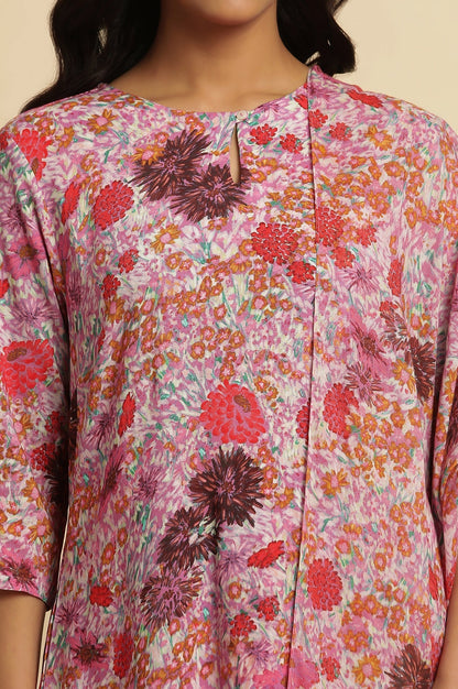 W for Woman Pink Floral Printed Rayon Kurta, Pants And Dupatta Set