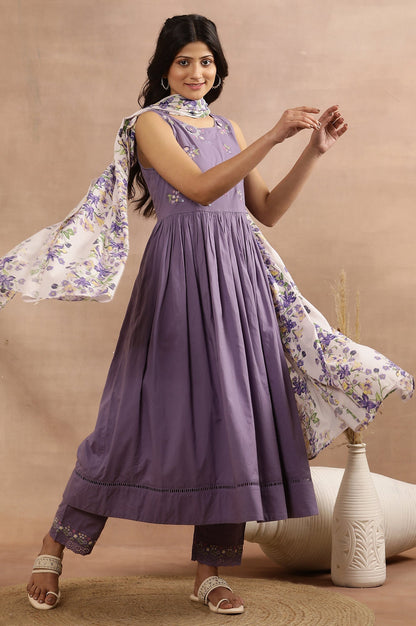 W for Woman Purple Embroidered A-Line Kurta, Pants And Printed Dupatta Set