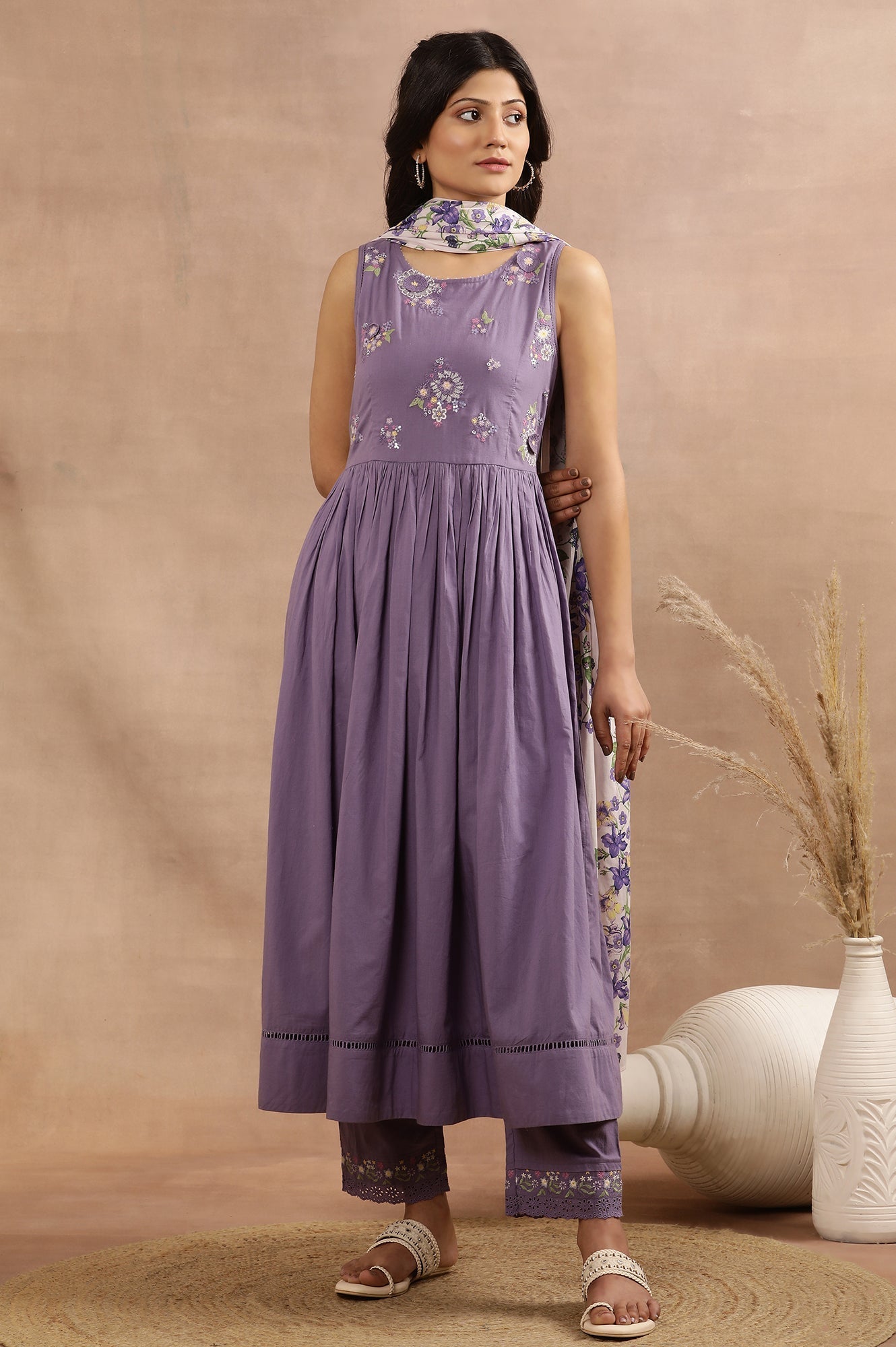 W for Woman Purple Embroidered A-Line Kurta, Pants And Printed Dupatta Set