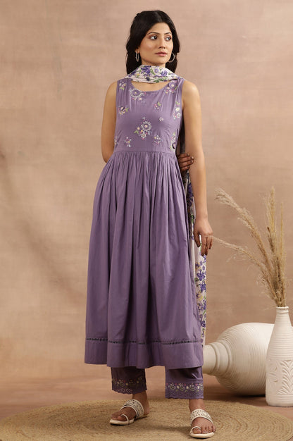 W for Woman Purple Embroidered A-Line Kurta, Pants And Printed Dupatta Set