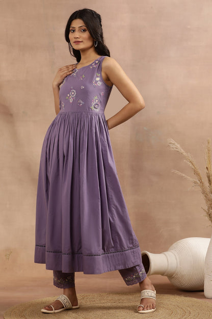 W for Woman Purple Embroidered A-Line Kurta, Pants And Printed Dupatta Set