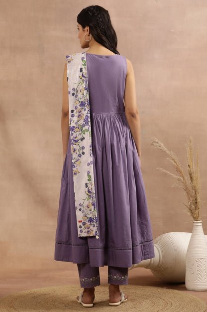 W for Woman Purple Embroidered A-Line Kurta, Pants And Printed Dupatta Set
