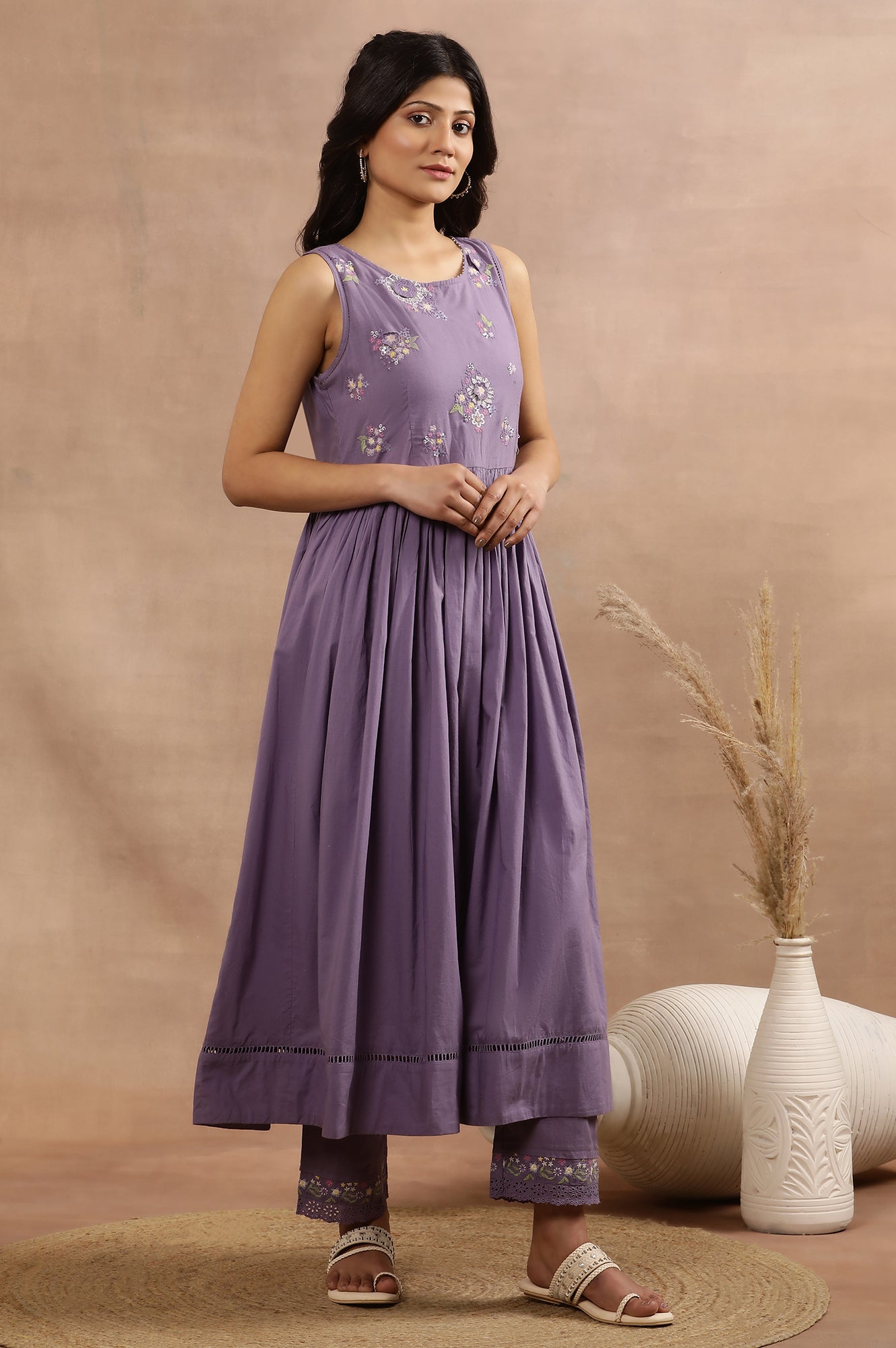 W for Woman Purple Embroidered A-Line Kurta, Pants And Printed Dupatta Set