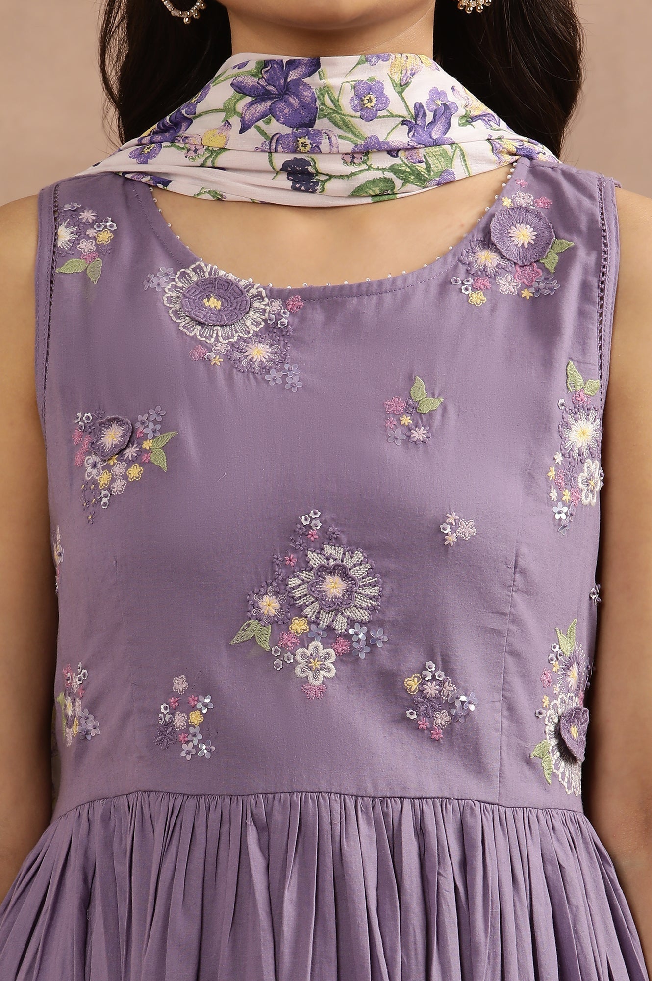 W for Woman Purple Embroidered A-Line Kurta, Pants And Printed Dupatta Set