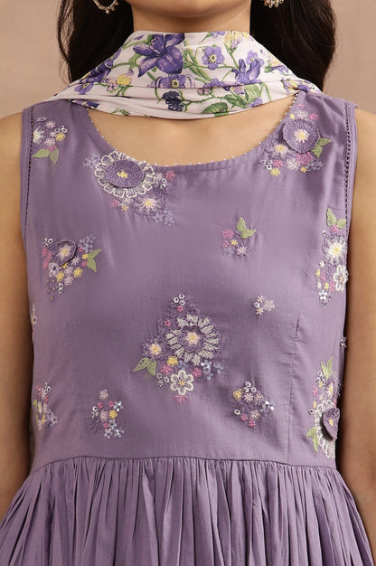 W for Woman Purple Embroidered A-Line Kurta, Pants And Printed Dupatta Set