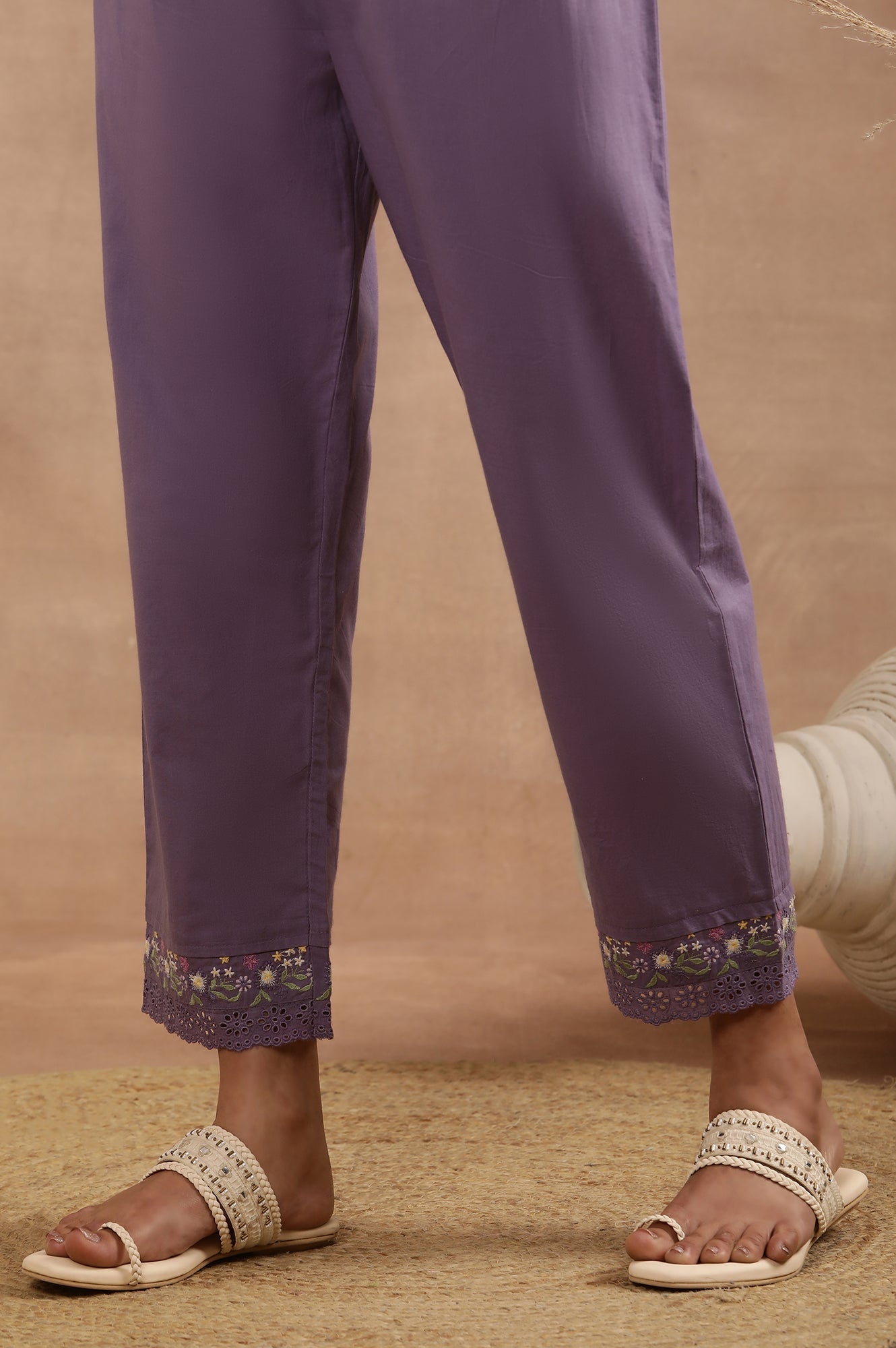 W for Woman Purple Embroidered A-Line Kurta, Pants And Printed Dupatta Set