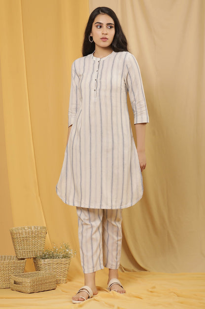W for Woman White Yarn Dyed Straight Kurta And Pants Set