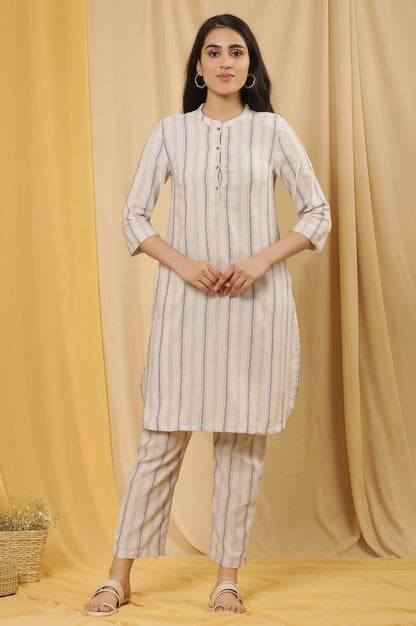 W for Woman White Yarn Dyed Straight Kurta And Pants Set
