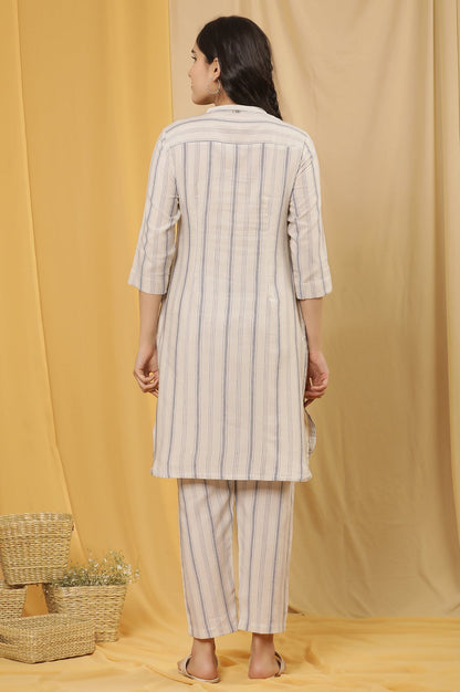 W for Woman White Yarn Dyed Straight Kurta And Pants Set