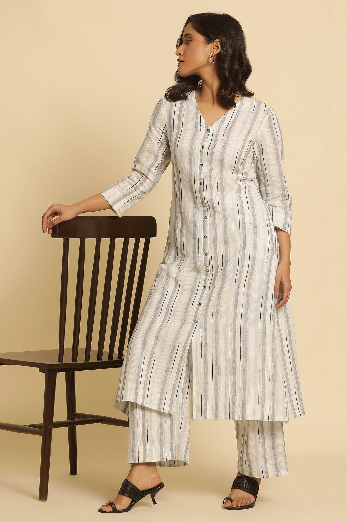 W for Woman White Cotton Printed Kurta And Pants Set