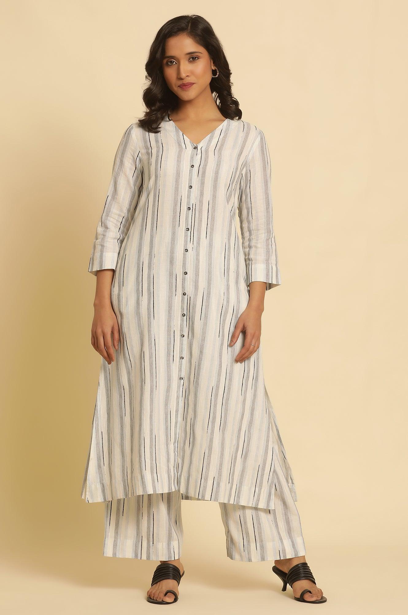 W for Woman White Cotton Printed Kurta And Pants Set
