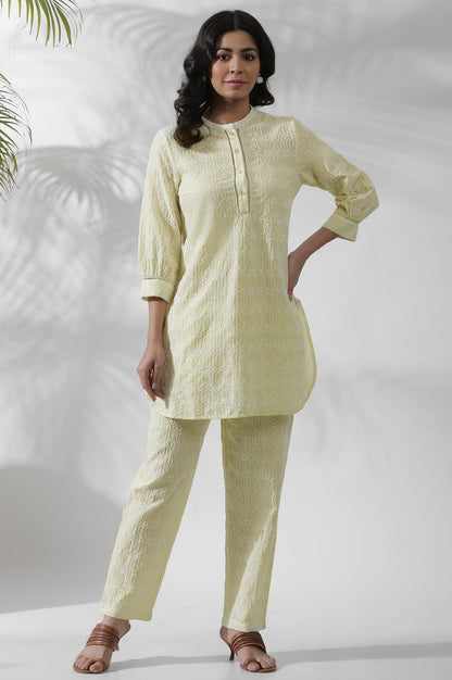 W for Woman Lime Yellow Short Embroidered Kurta And Pants Set