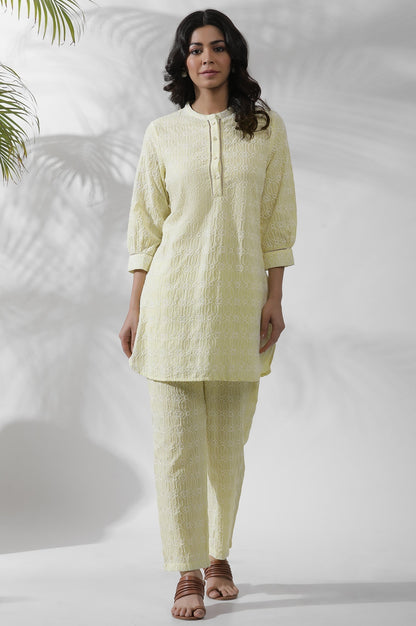 W for Woman Lime Yellow Short Embroidered Kurta And Pants Set