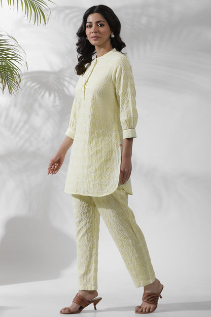 W for Woman Lime Yellow Short Embroidered Kurta And Pants Set