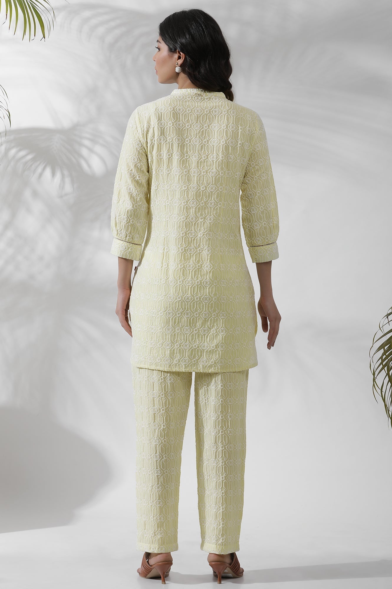 W for Woman Lime Yellow Short Embroidered Kurta And Pants Set