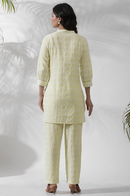W for Woman Lime Yellow Short Embroidered Kurta And Pants Set