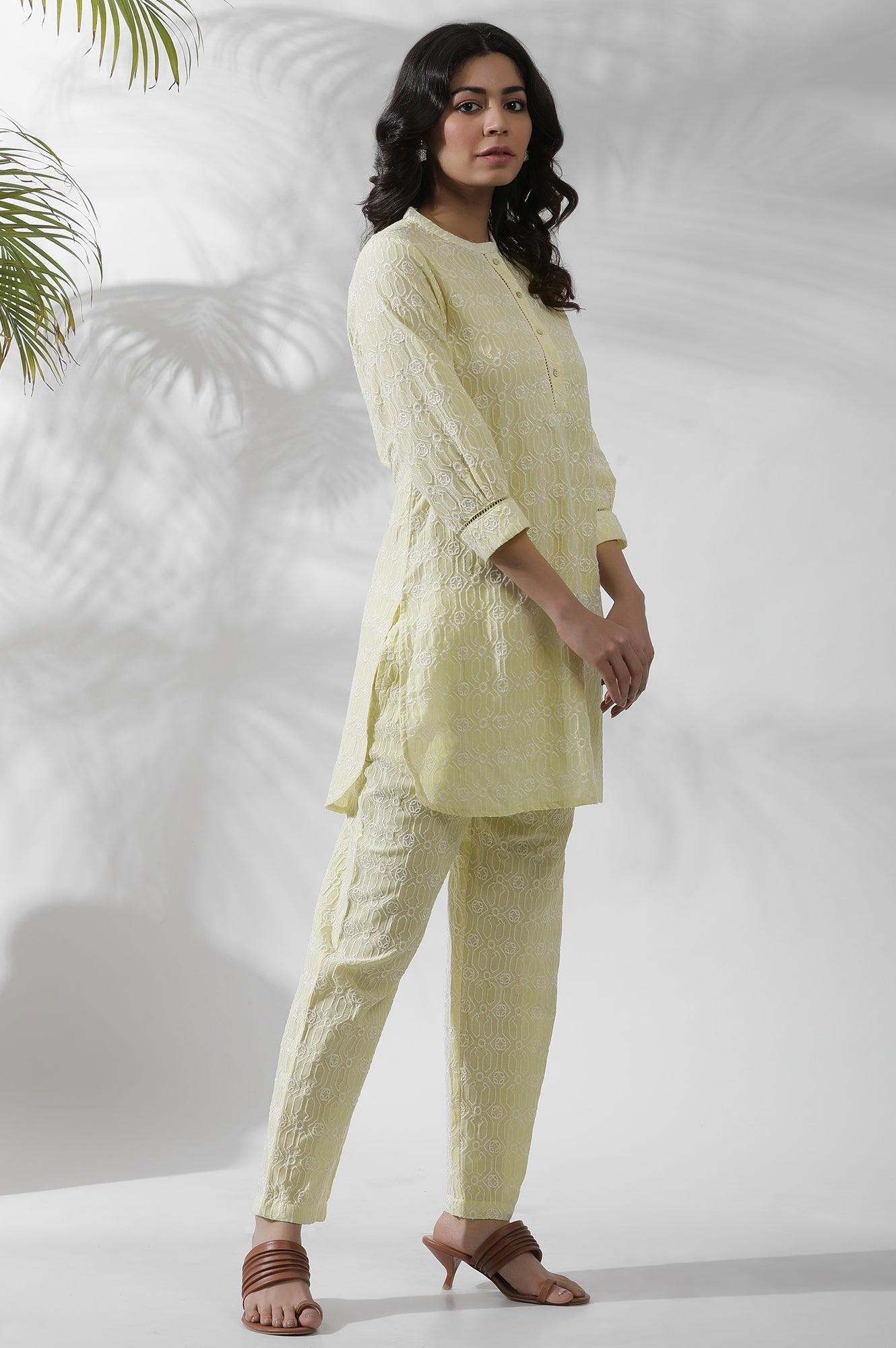 W for Woman Lime Yellow Short Embroidered Kurta And Pants Set