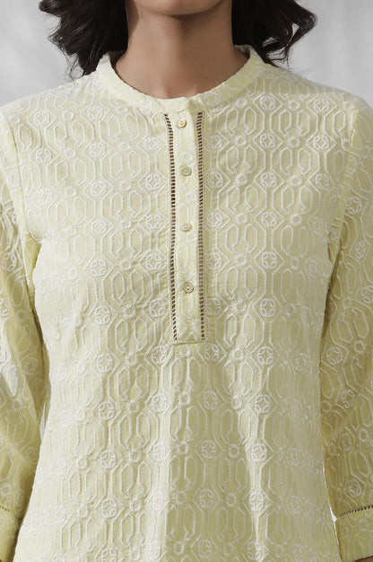 W for Woman Lime Yellow Short Embroidered Kurta And Pants Set