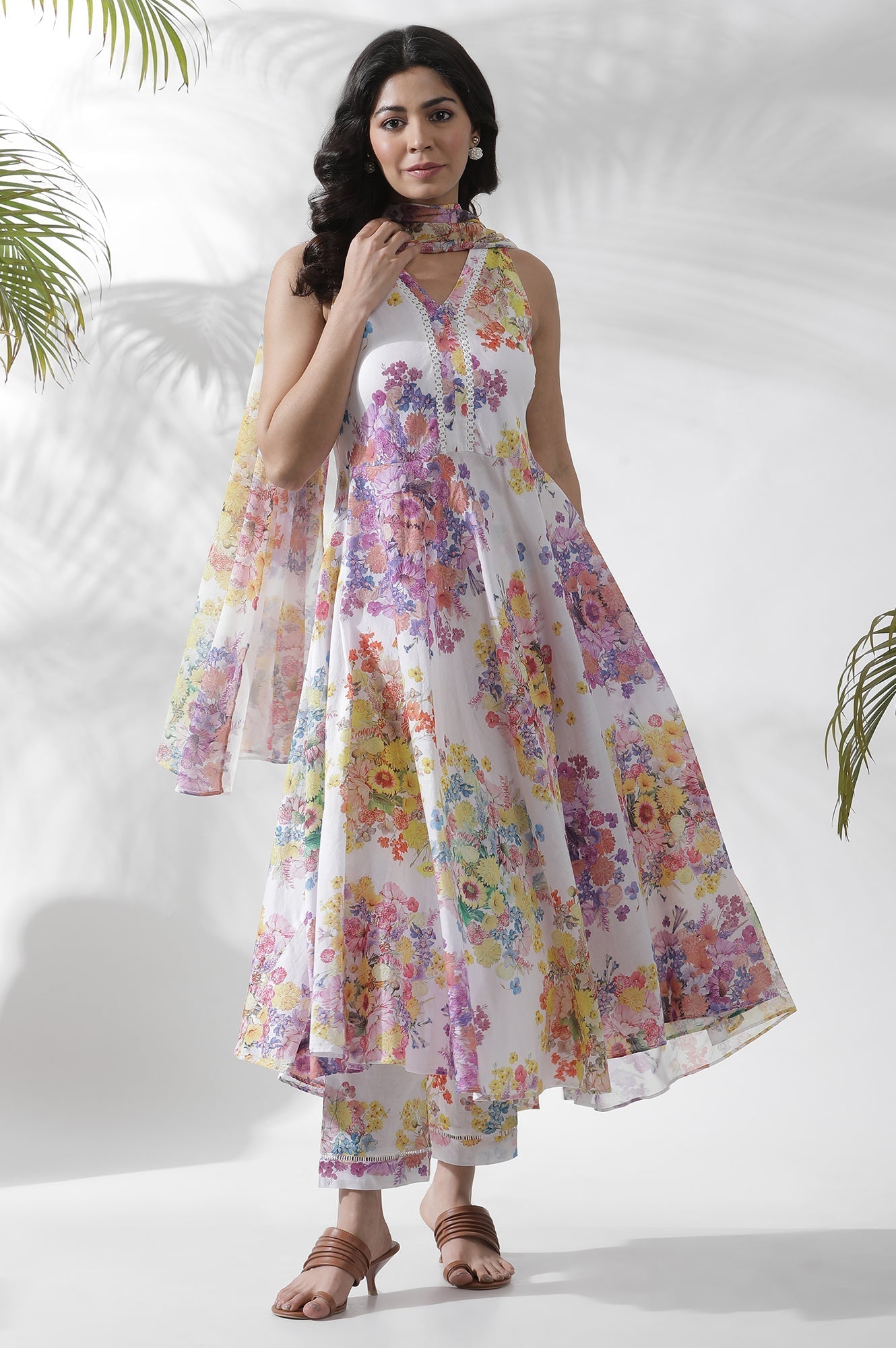 W for Woman White Floral Printed Cotton A-line Kurta, Pants and Dupatta Set