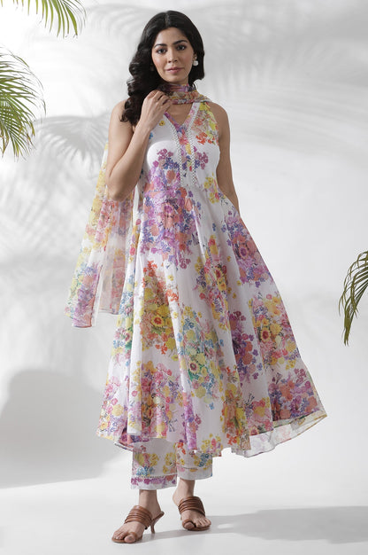 W for Woman White Floral Printed Cotton A-line Kurta, Pants and Dupatta Set