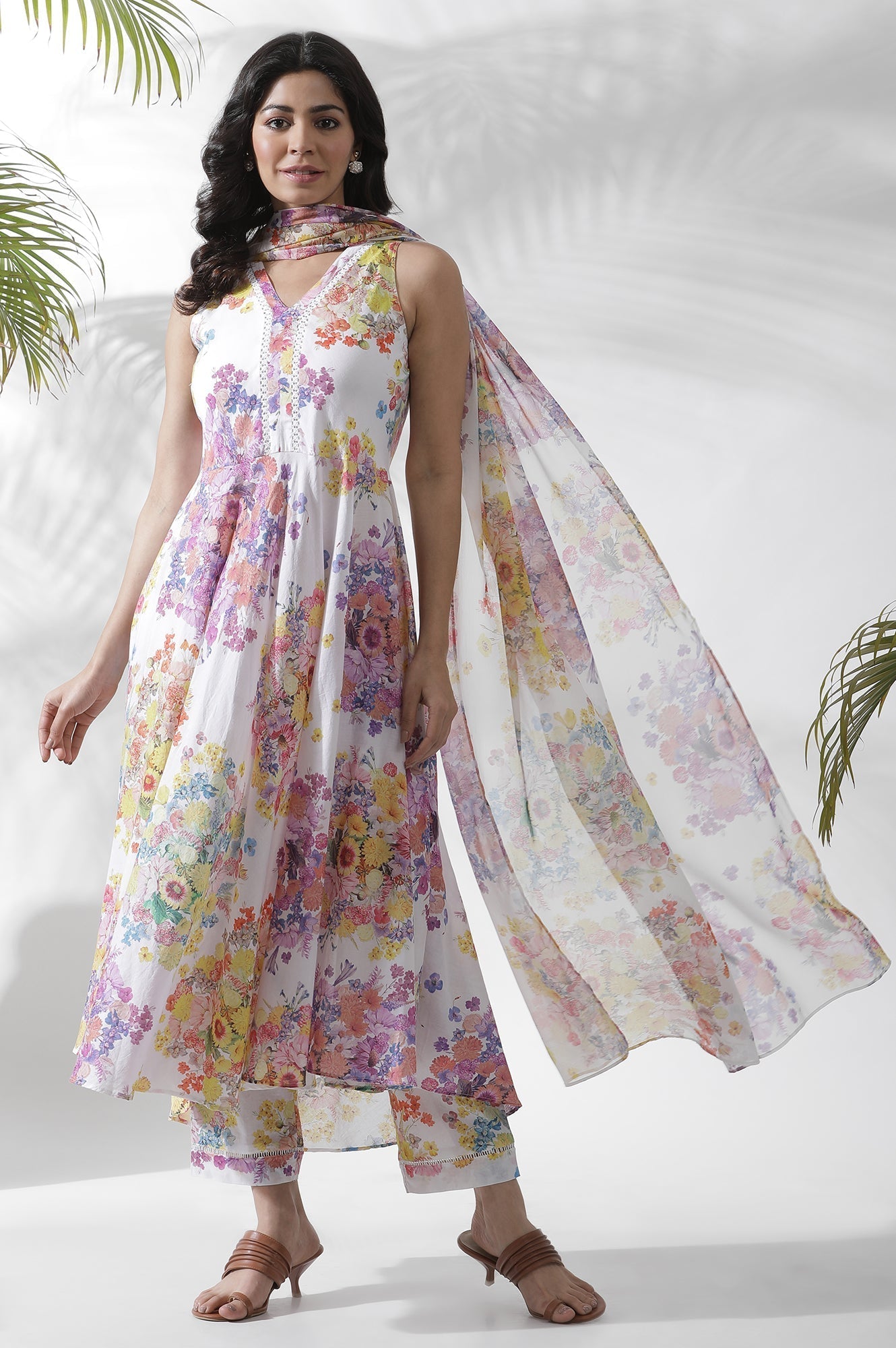 W for Woman White Floral Printed Cotton A-line Kurta, Pants and Dupatta Set