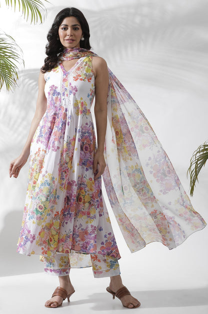 W for Woman White Floral Printed Cotton A-line Kurta, Pants and Dupatta Set