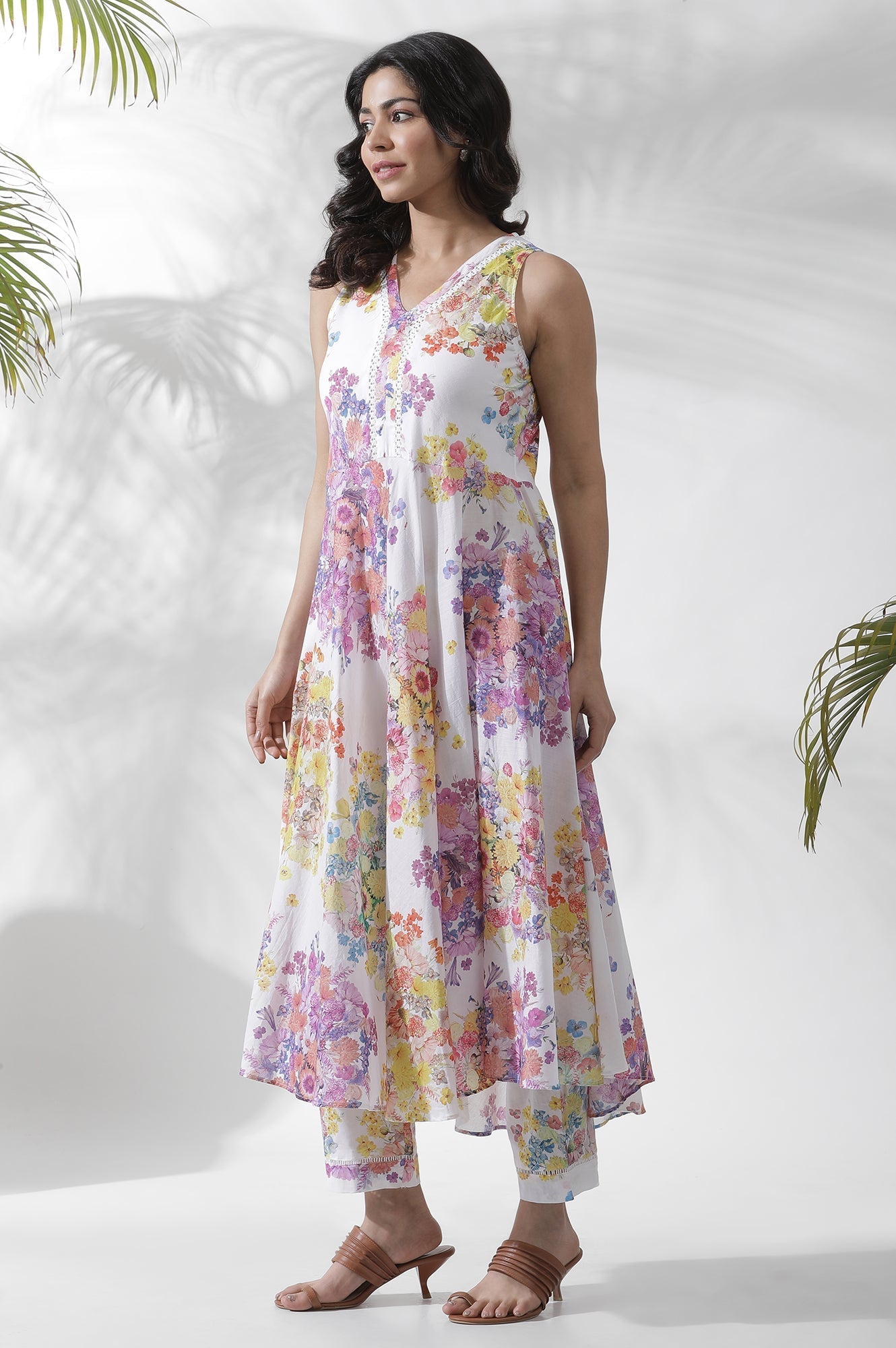 W for Woman White Floral Printed Cotton A-line Kurta, Pants and Dupatta Set