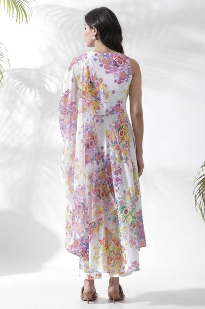 W for Woman White Floral Printed Cotton A-line Kurta, Pants and Dupatta Set
