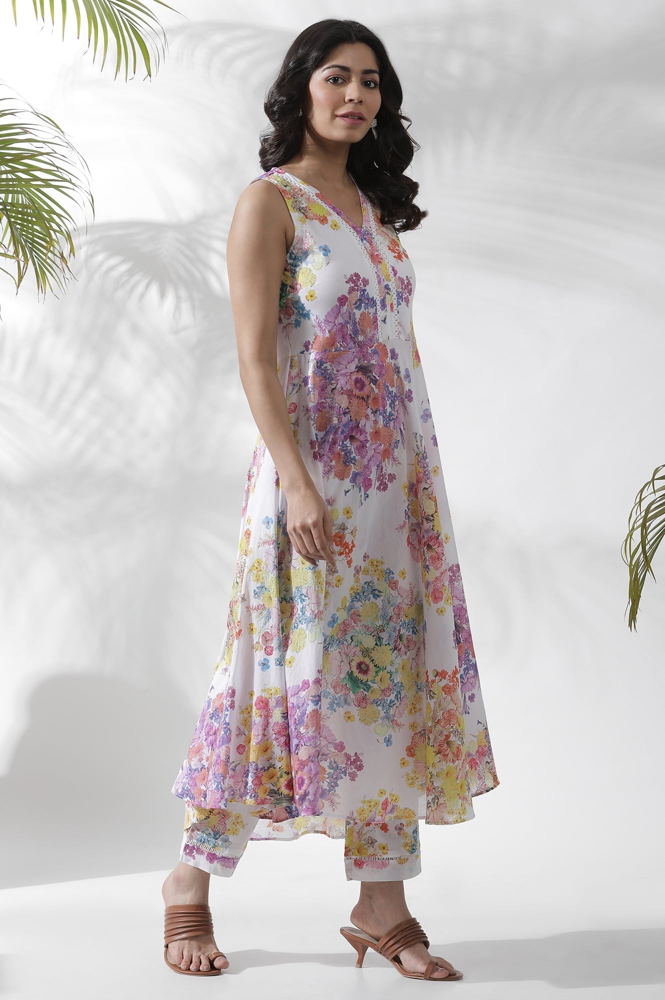 W for Woman White Floral Printed Cotton A-line Kurta, Pants and Dupatta Set