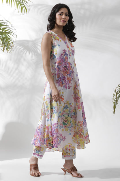 W for Woman White Floral Printed Cotton A-line Kurta, Pants and Dupatta Set