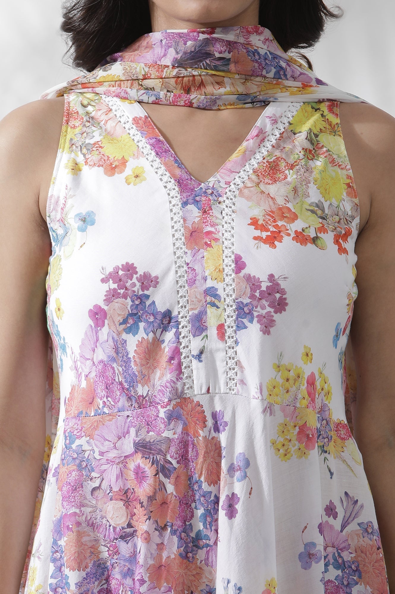 W for Woman White Floral Printed Cotton A-line Kurta, Pants and Dupatta Set