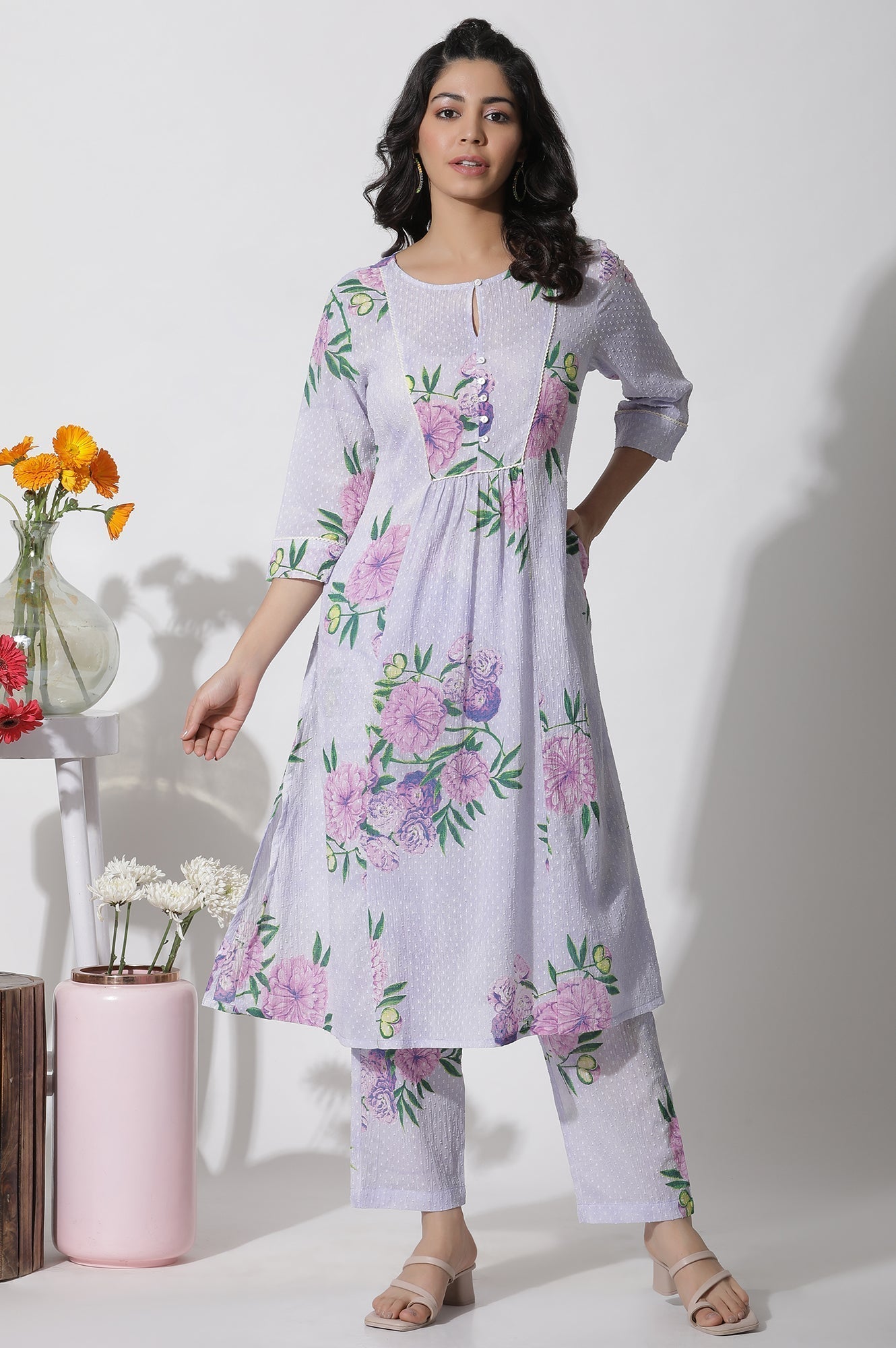 W for Woman Purple Floral Printed Gathered Kurta And Pants Set