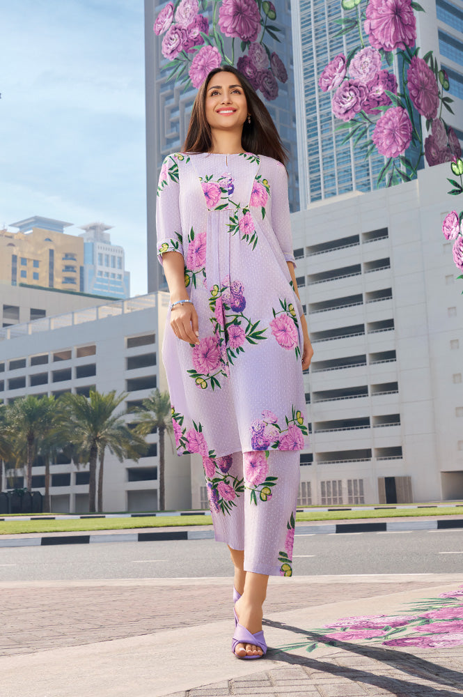W for Woman Purple Floral Printed Gathered Kurta And Pants Set