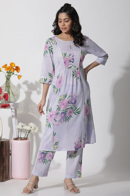 W for Woman Purple Floral Printed Gathered Kurta And Pants Set