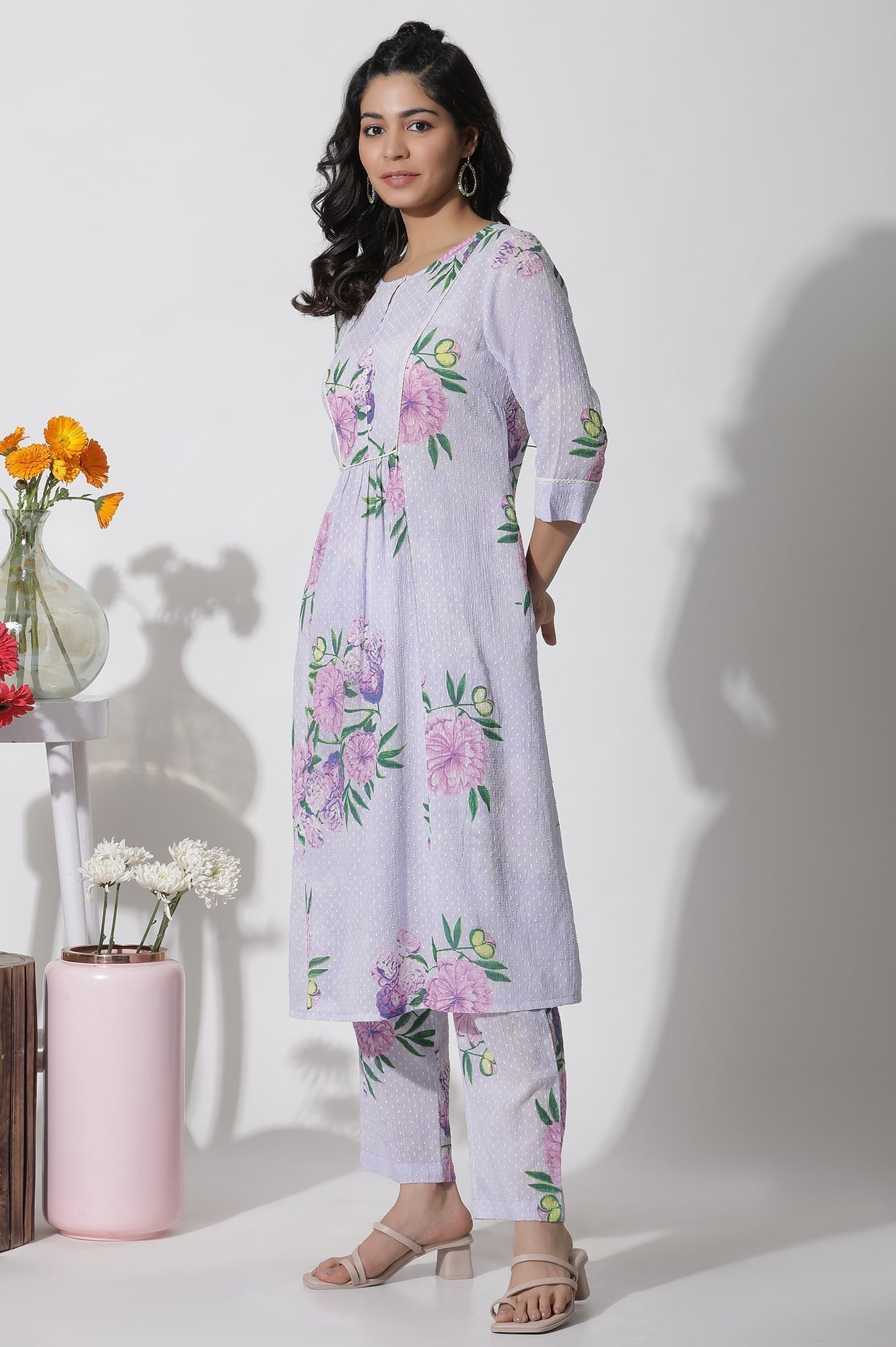 W for Woman Purple Floral Printed Gathered Kurta And Pants Set