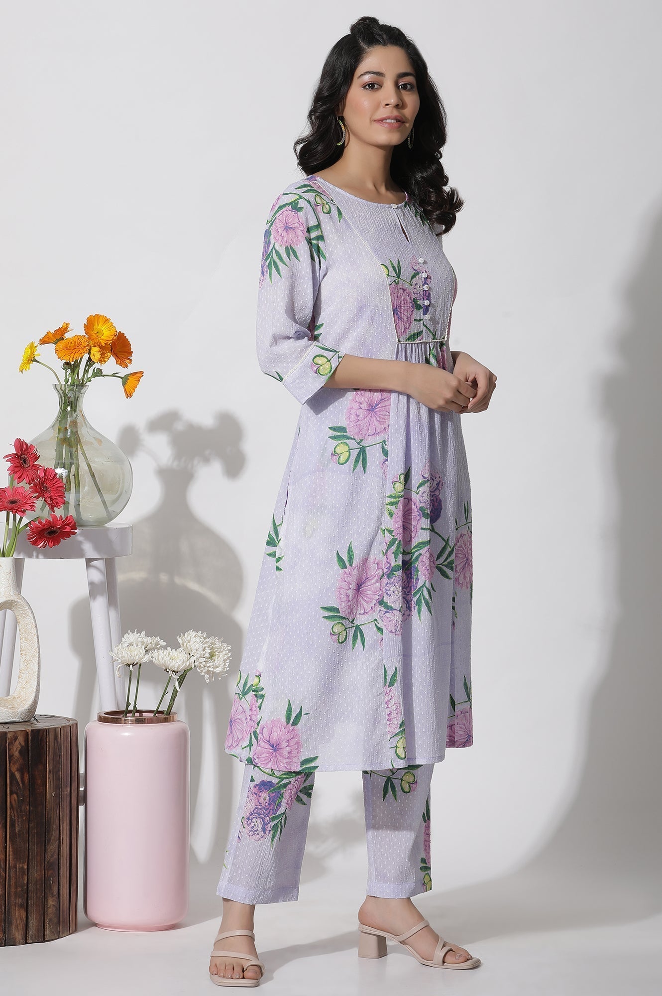 W for Woman Purple Floral Printed Gathered Kurta And Pants Set